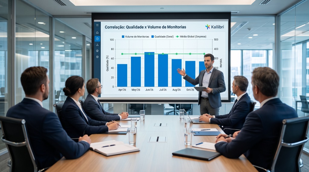 Gestor de Call Center apresentando indicadores no telão corporativo do sistema Kallibri