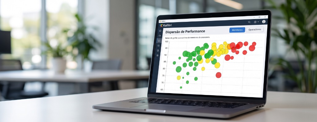 Gráfico de dispersão de performance de operadores e monitores de Call Center no software de monitoria da qualidade Kallibri