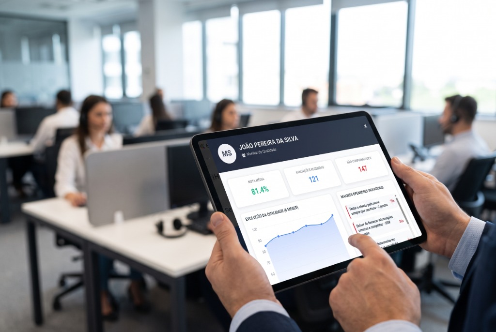 Dashboard de monitoria da qualidade acessado via tablet no sistema Kallibri